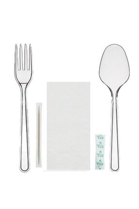 40 Adet Tekli Ambalajlı Plastik Lüks Kullan At Kaşık, Çatal, Peçete, Kürdan, Tuz 5 Li Yemek Seti Image 0