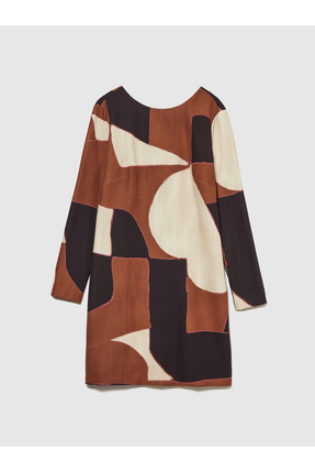 Kadın Kahverengi Desenli Arkası V Yaka Uzun Kollu Elbise Image 1