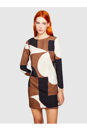 Kadın Kahverengi Desenli Arkası V Yaka Uzun Kollu Elbise Image 4