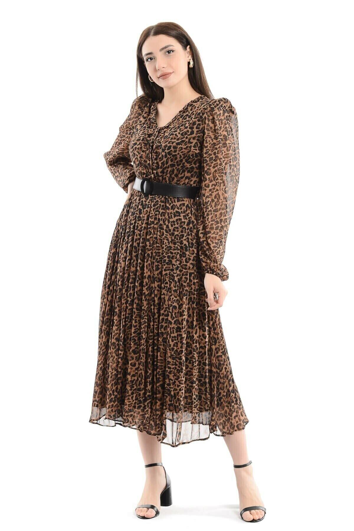 DressFine V Yaka Pliseli Leopar Desenli Şifon Elbise / 7169 Leopar