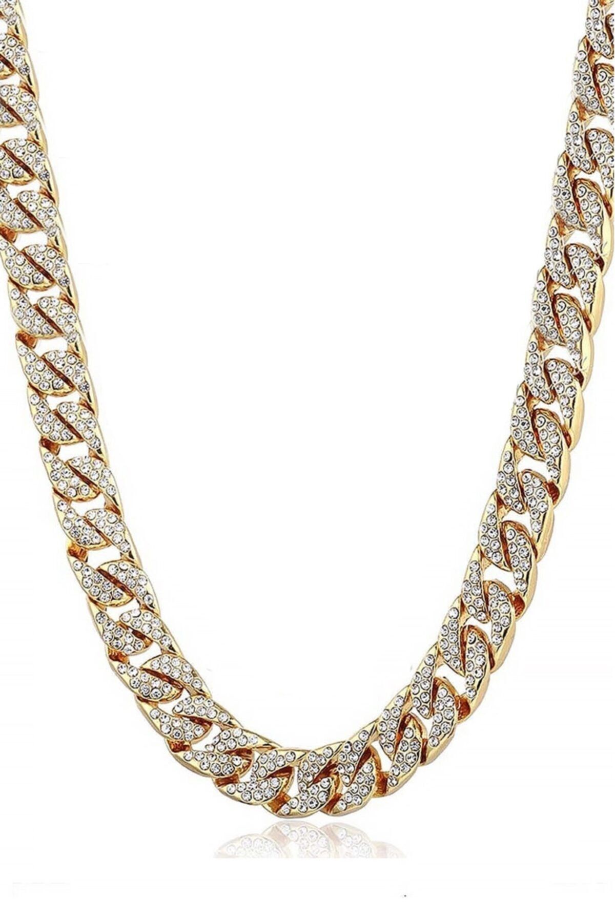 Pluss 15 Mm. Kalın 60 Cm. Taşlı Gold Alloy Unisex Zincir