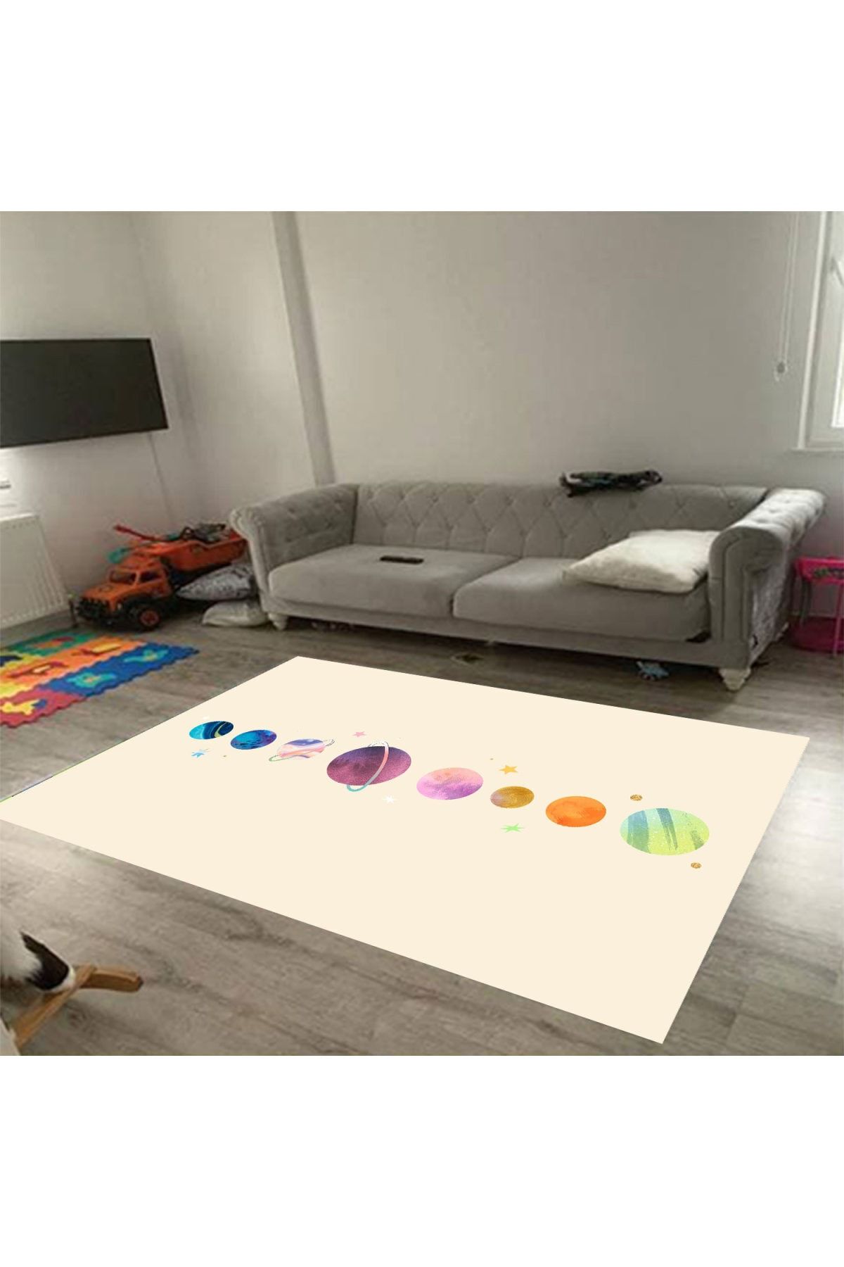 KuzgunHome Çocuk Odası Halısı Gezegenler Desenli Kaymaz Dot Taban