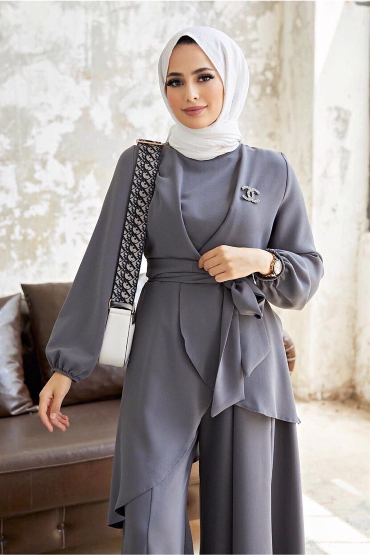 TRENDTESETTÜR Asimetrik Kesim Kuşaklı Pantolonlu Takım 9700