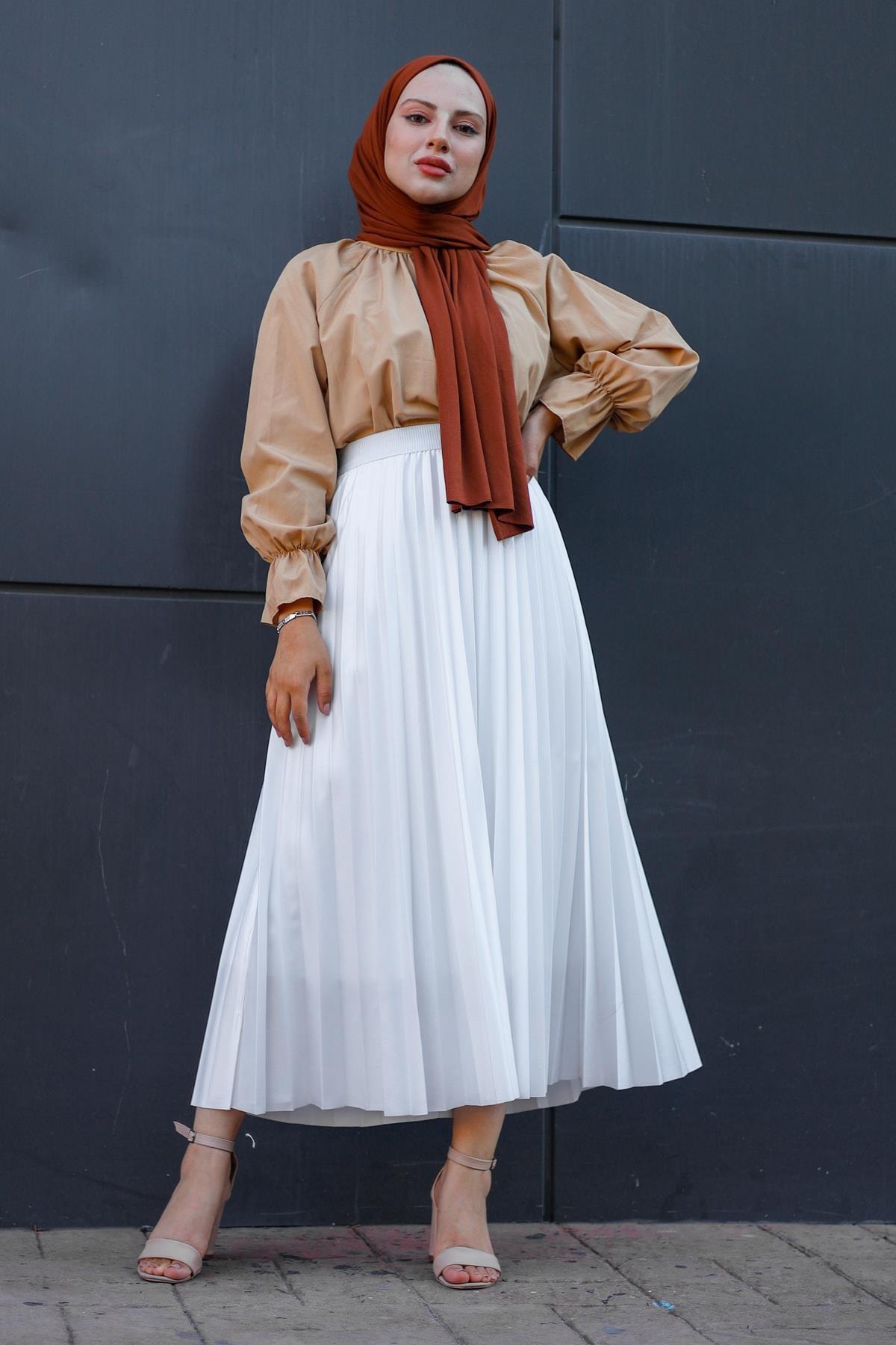 meqlife Piliseli Tek Renk Etek - Beyaz