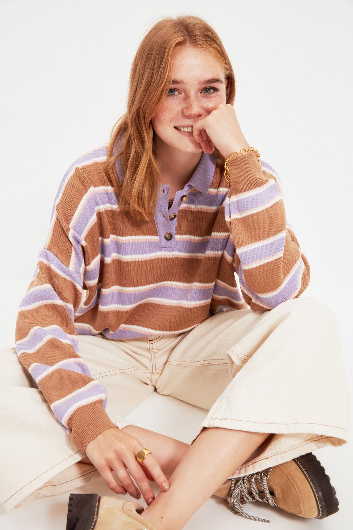 TRENDYOLMİLLA Camel Renk Bloklu Polo Yaka Triko Kazak TWOAW22KZ0217