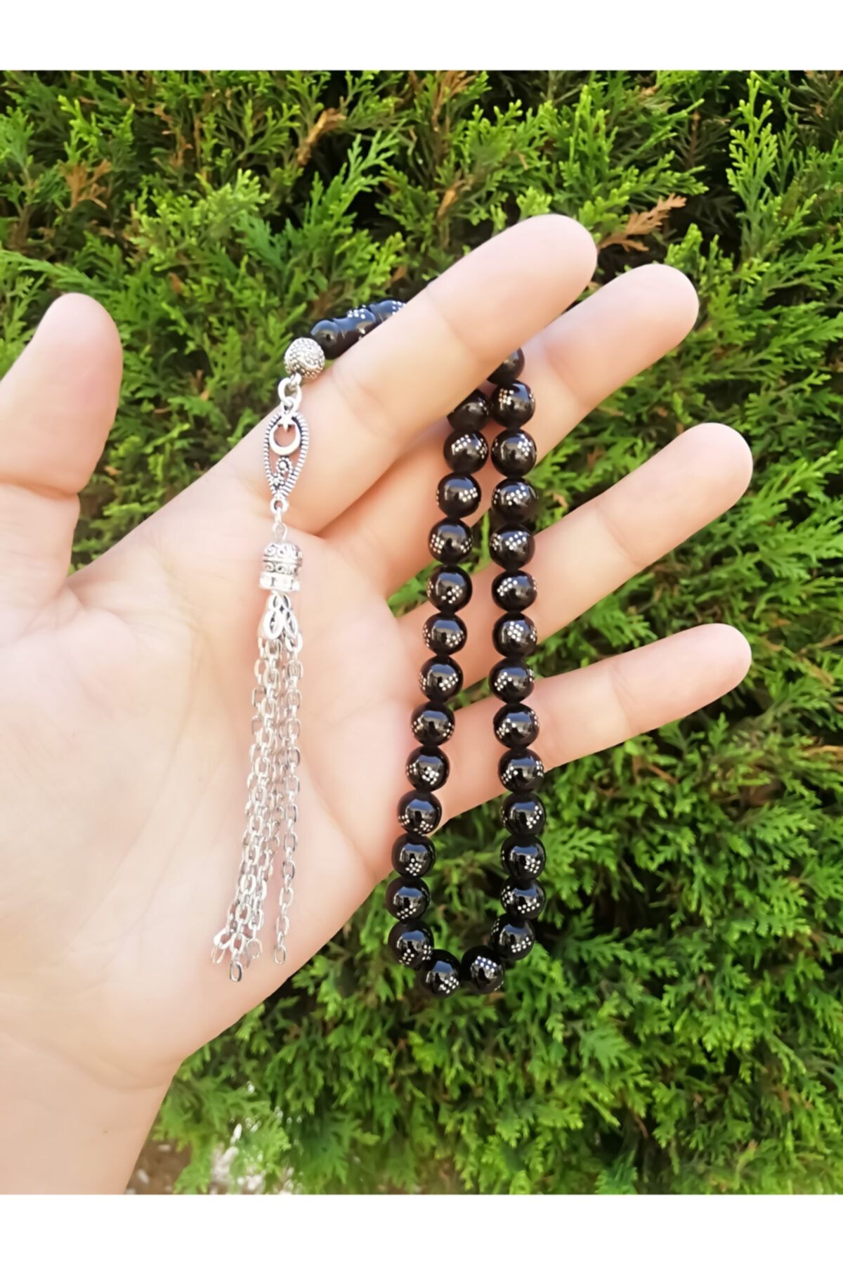 Selins Tesbih Erkek Siyah Renk 925 Ayar Full Gümüş Işlemeli Erzurum Oltusu Tesbih