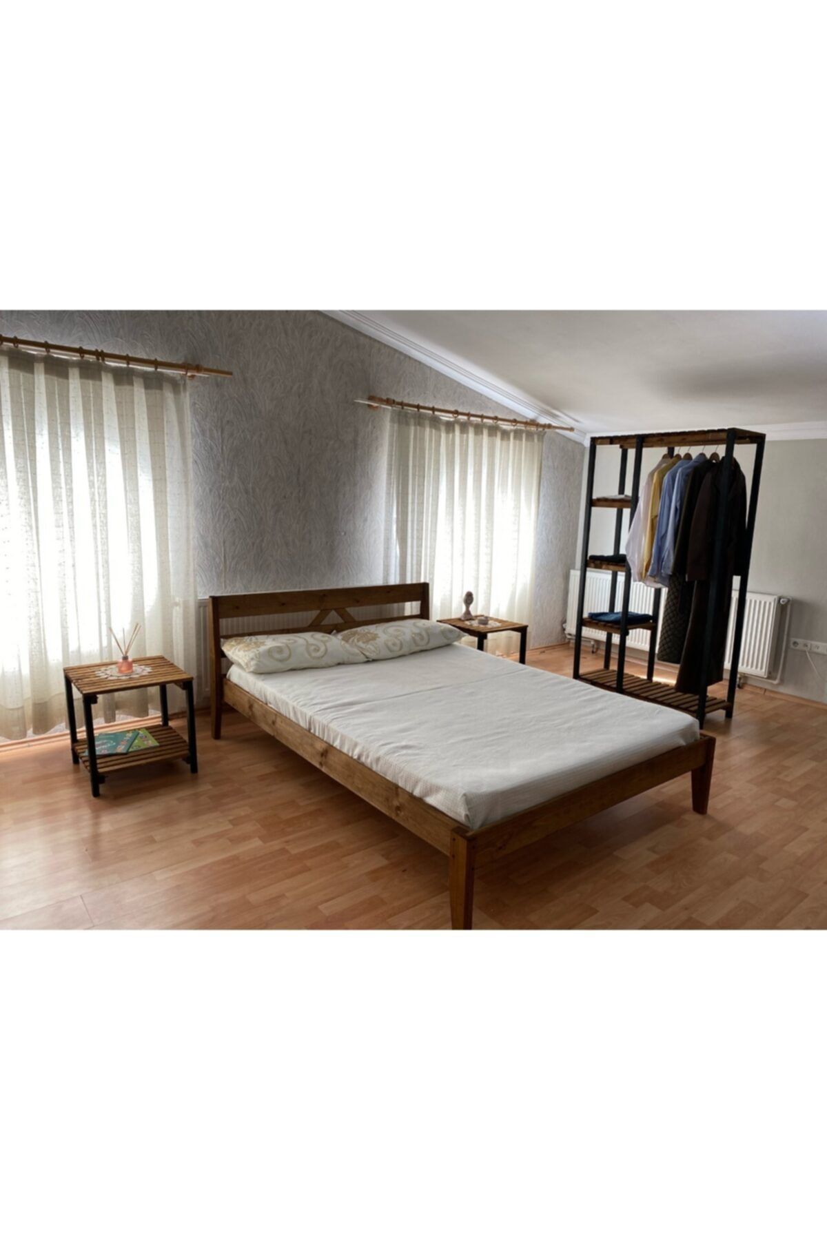 MsmWood Doğal Ahşap Lüx Tek Kişilik Karyola Takımı, Komodin Ve Açık Gardrop'lu 90 X 190 Cm