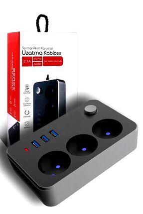 Termal Akım Korumalı Çoçuk Korumalı 3'lü Priz 3 Usb'li 2m Anahtarlı Akıllı Uzatma Kablosu Image 0