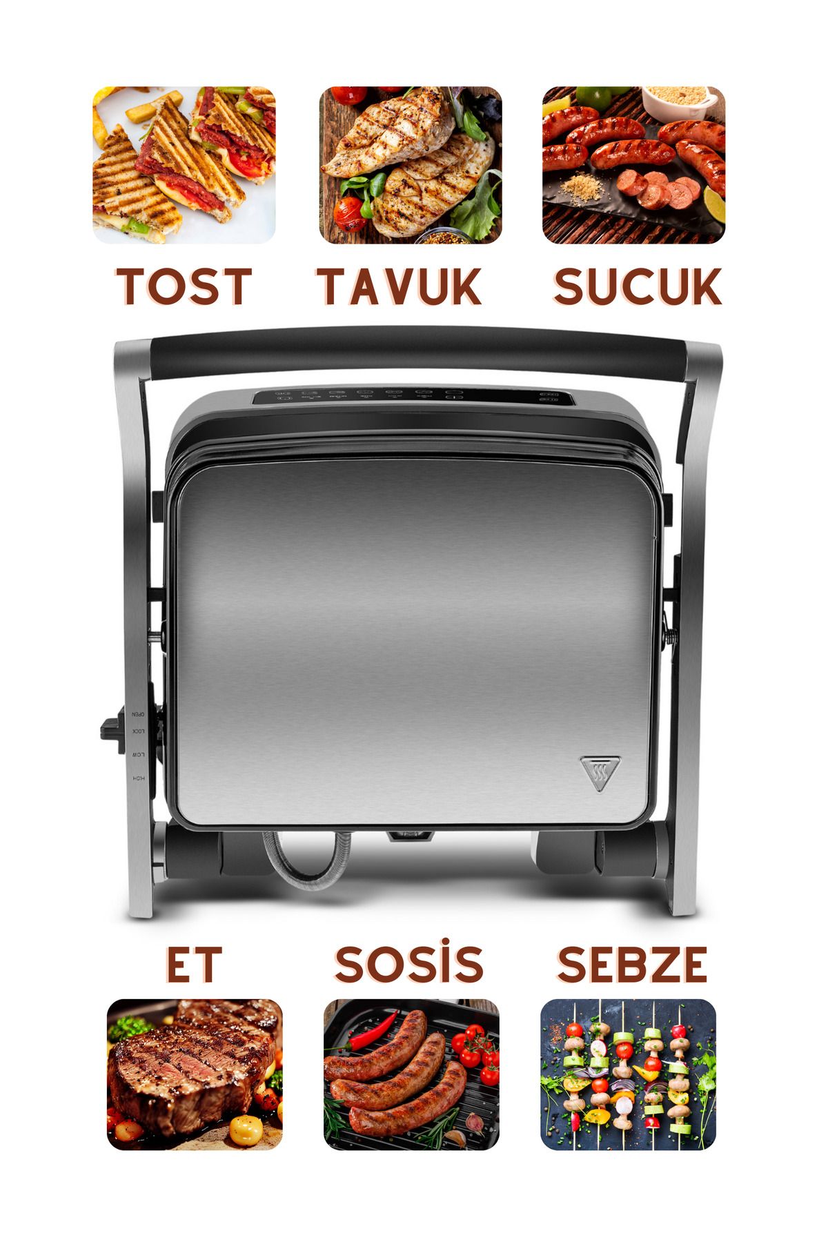 Premium Grill and Toaster 2000W - 5 حالت پخت - صفحه نمایش دیجیتال - صفحات قابل باز 180 درجه