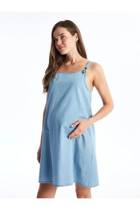 LCWAIKIKI Maternity U Yaka Düz Askılı Hamile Jean Elbise Image 0
