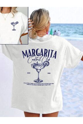 Kadın Margarita Baskılı Oversize Bisiklet Yaka T-shirt Image 0