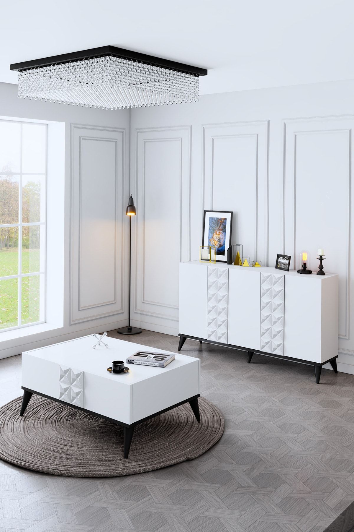 Modatte Kristal Konsol Dolap Salon Takımı - Beyaz
