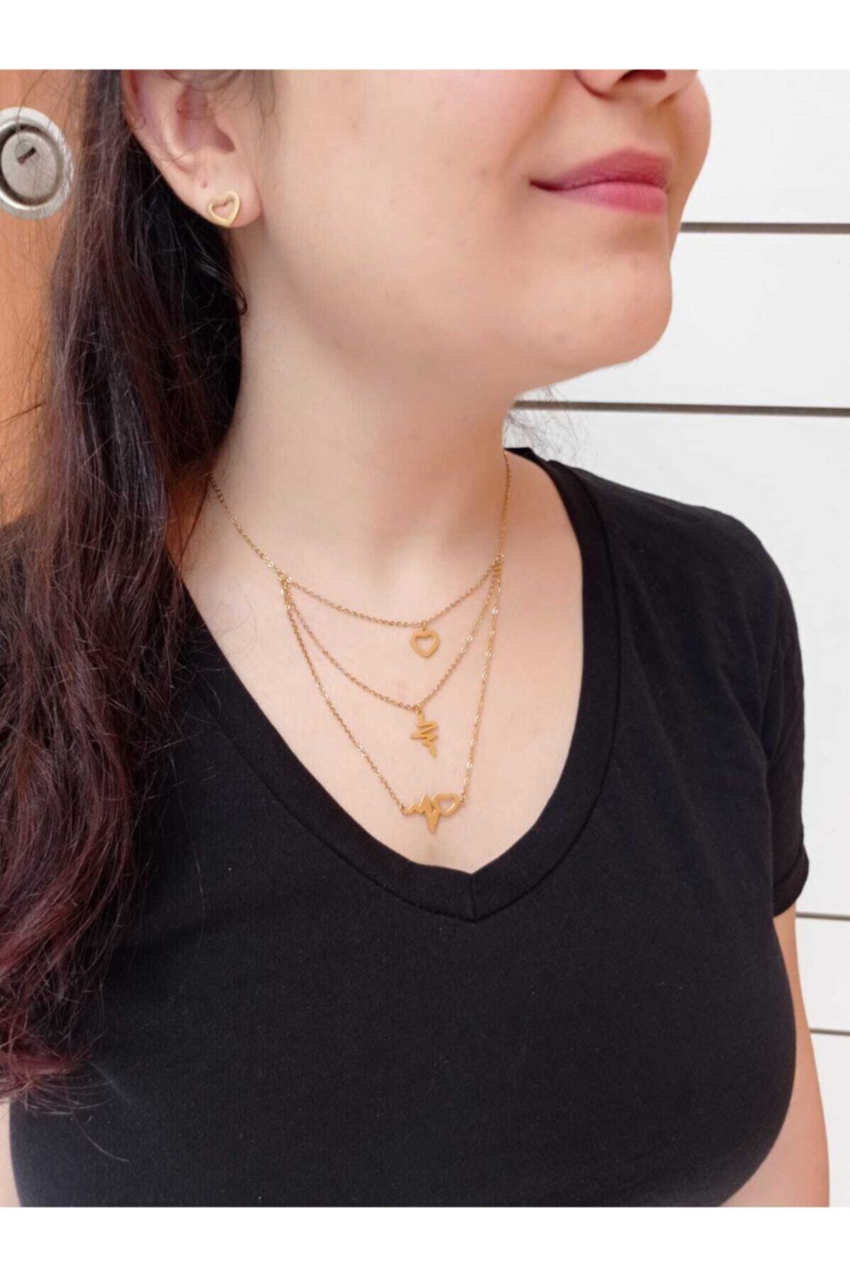 DEME 2'li Set Kalp Ve Kalp Atışlı Çelik Kolye-Küpe