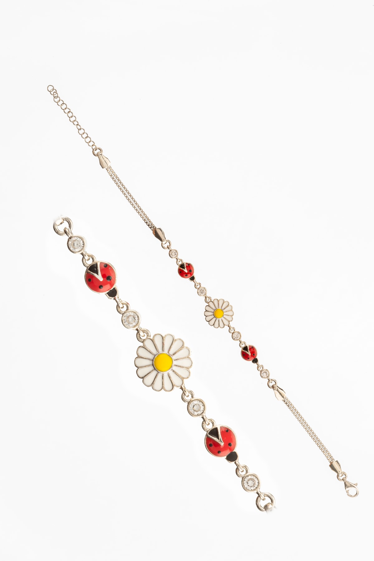 HND SİLVER 925 Ayar Rodyum Gümüş Papatya Ve Uğur Böcekli Bileklik