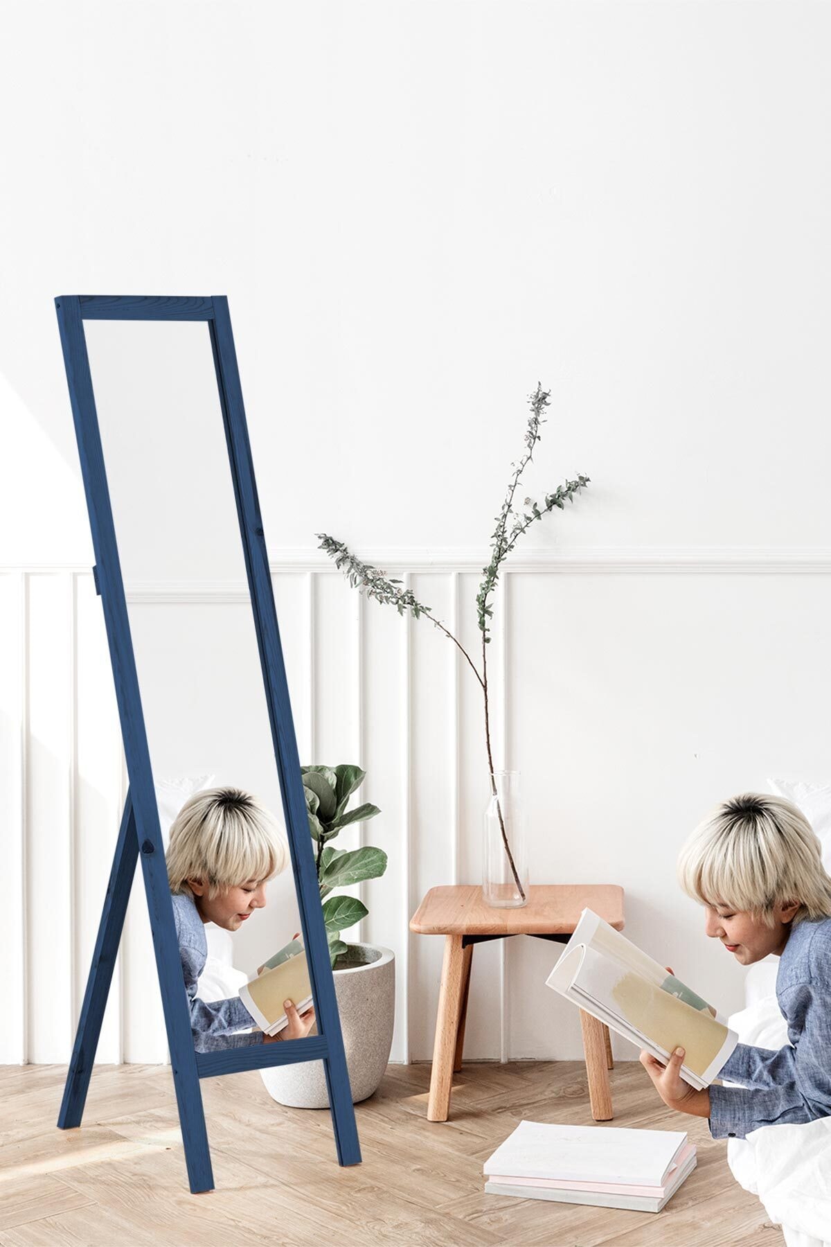bluecape Marbella 36x143cm Mavi Doğal Ağaç Ayaklı Butik Boy Aynası Antre Salon Banyo Ofis Çocuk Yatak Odası