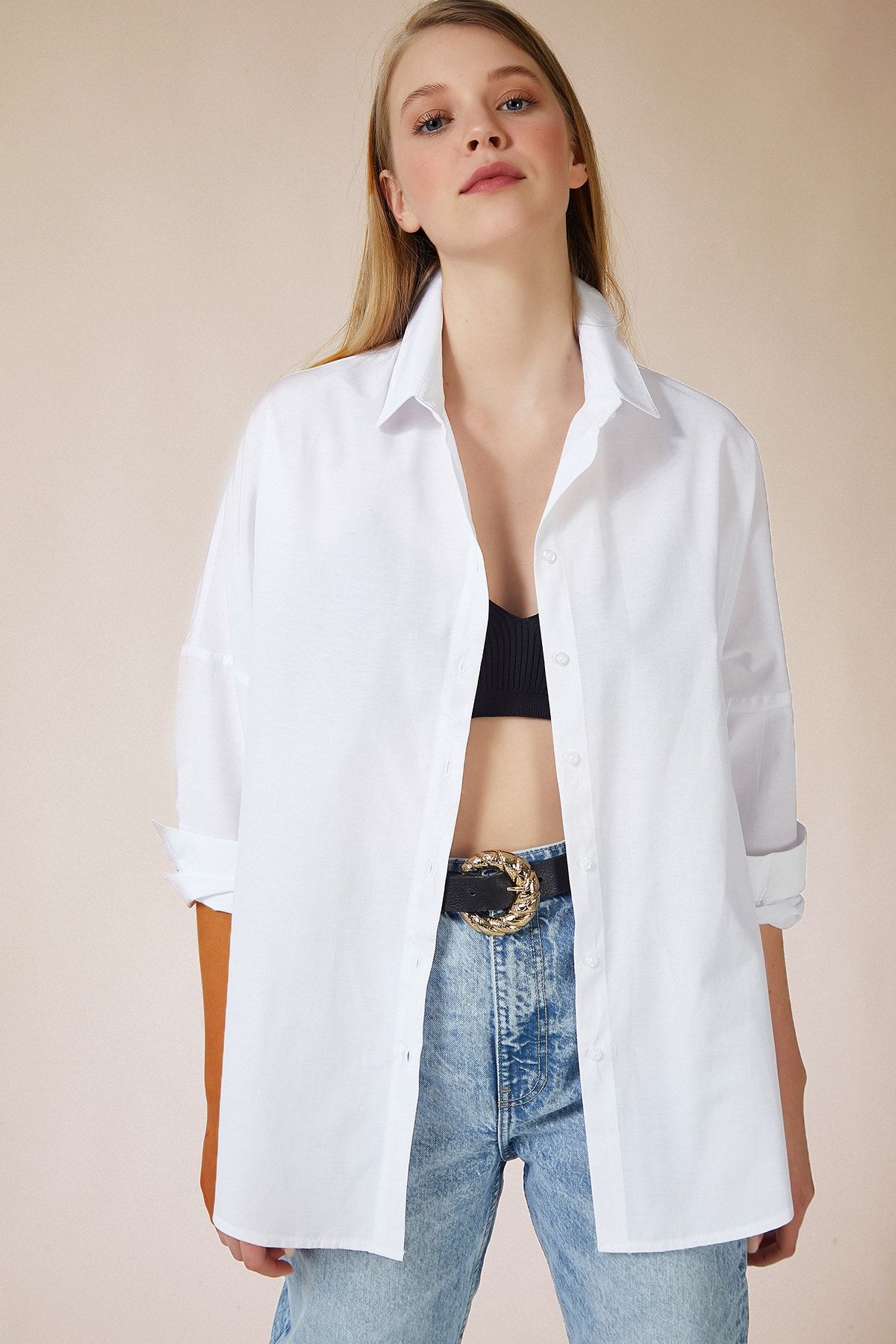 Happiness İst. Kadın Beyaz Oversize Uzun Basic Gömlek DD00842