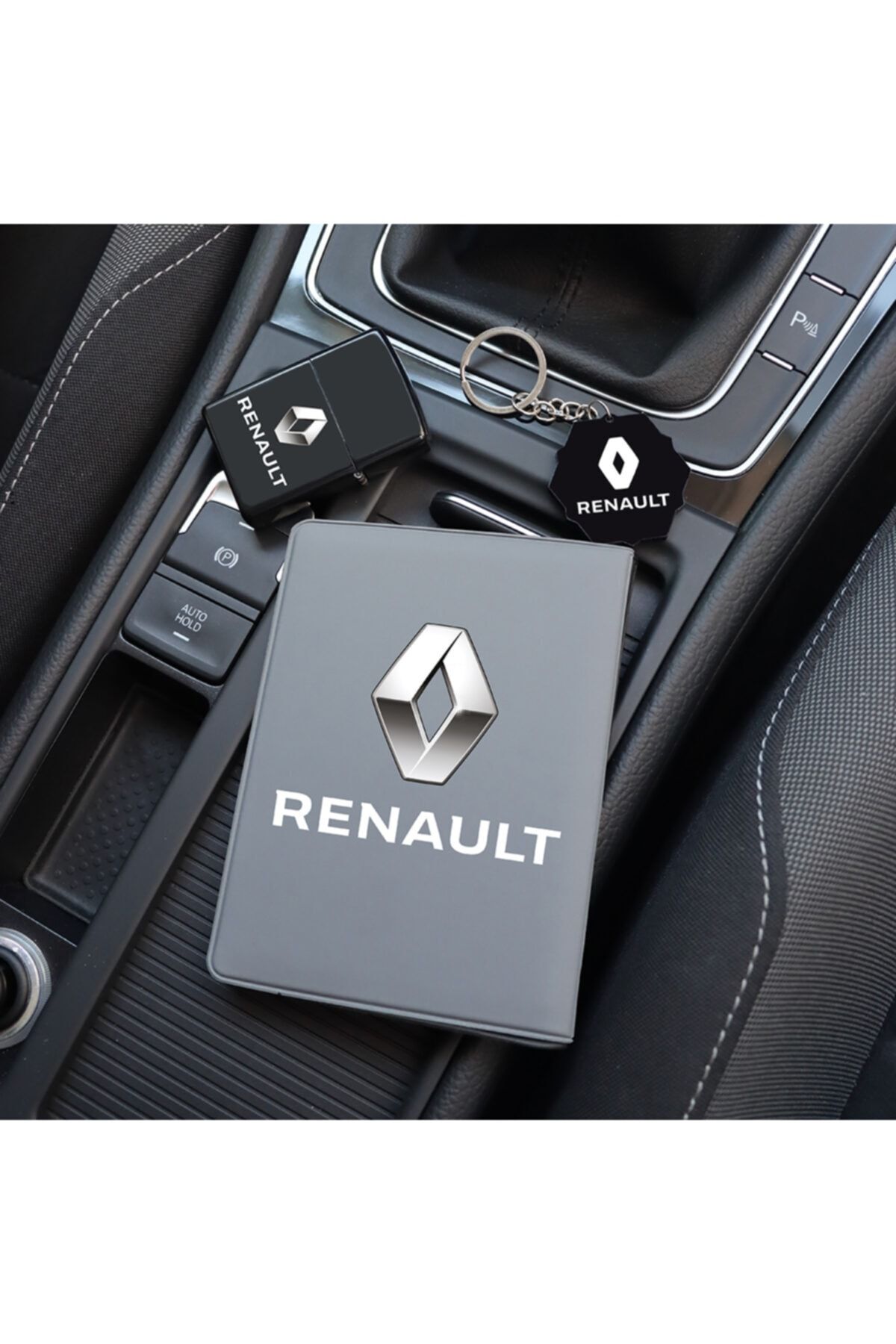 MaveraShop Özel Tasarım Renault Logolu Gri Ruhsat Kılıfı, Çakmak Ve Anahtarlık