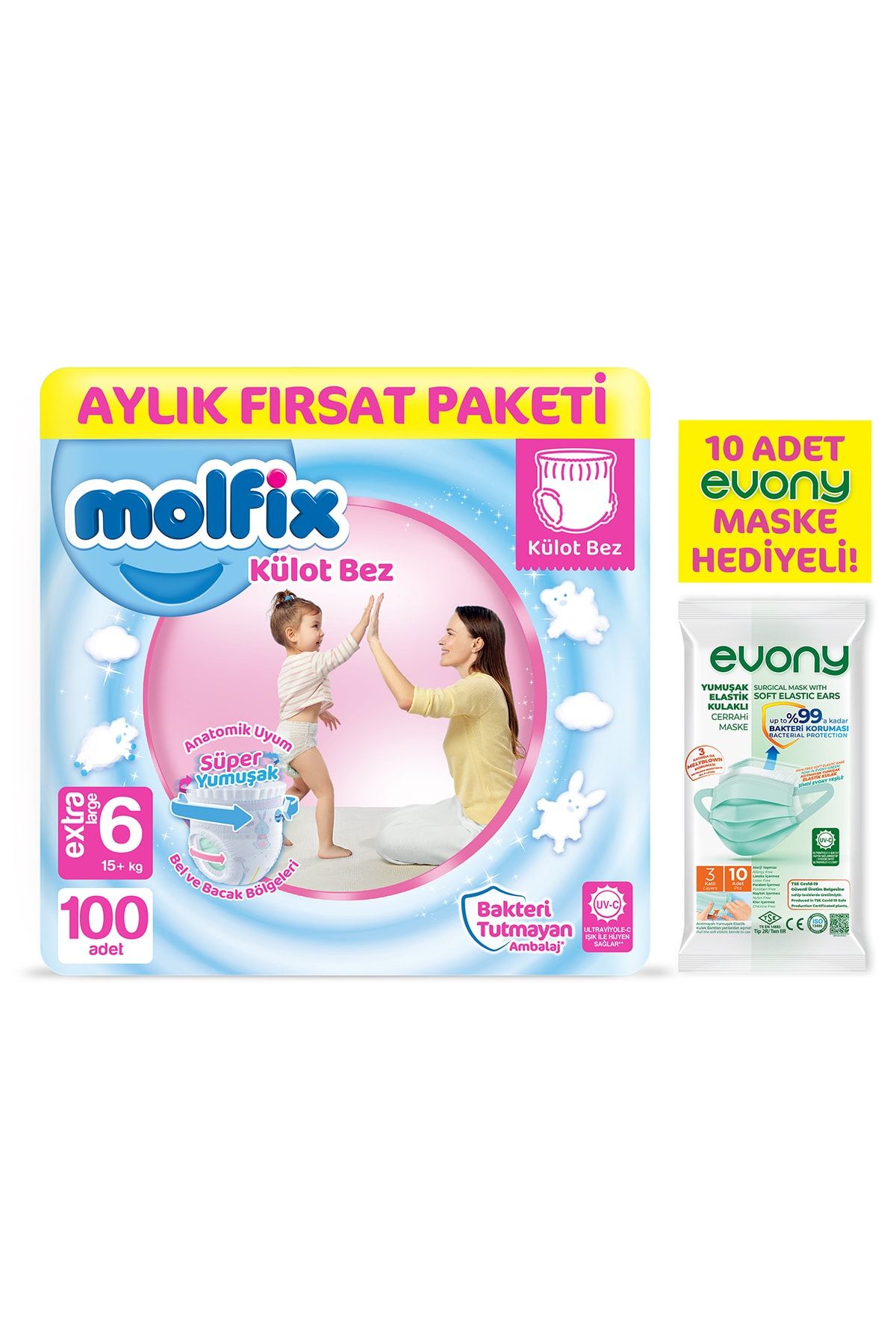 molfix kulot bez 6 beden ekstra large aylik firsat paketi 100 adet evony maske 10 lu hediyeli fiyati yorumlari trendyol