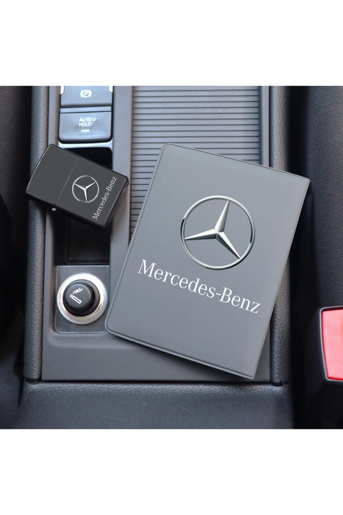 MaveraShop Özel Tasarım Mercedes Logolu Gri Ruhsat Kılıfı Ve Benzinli Çakmak