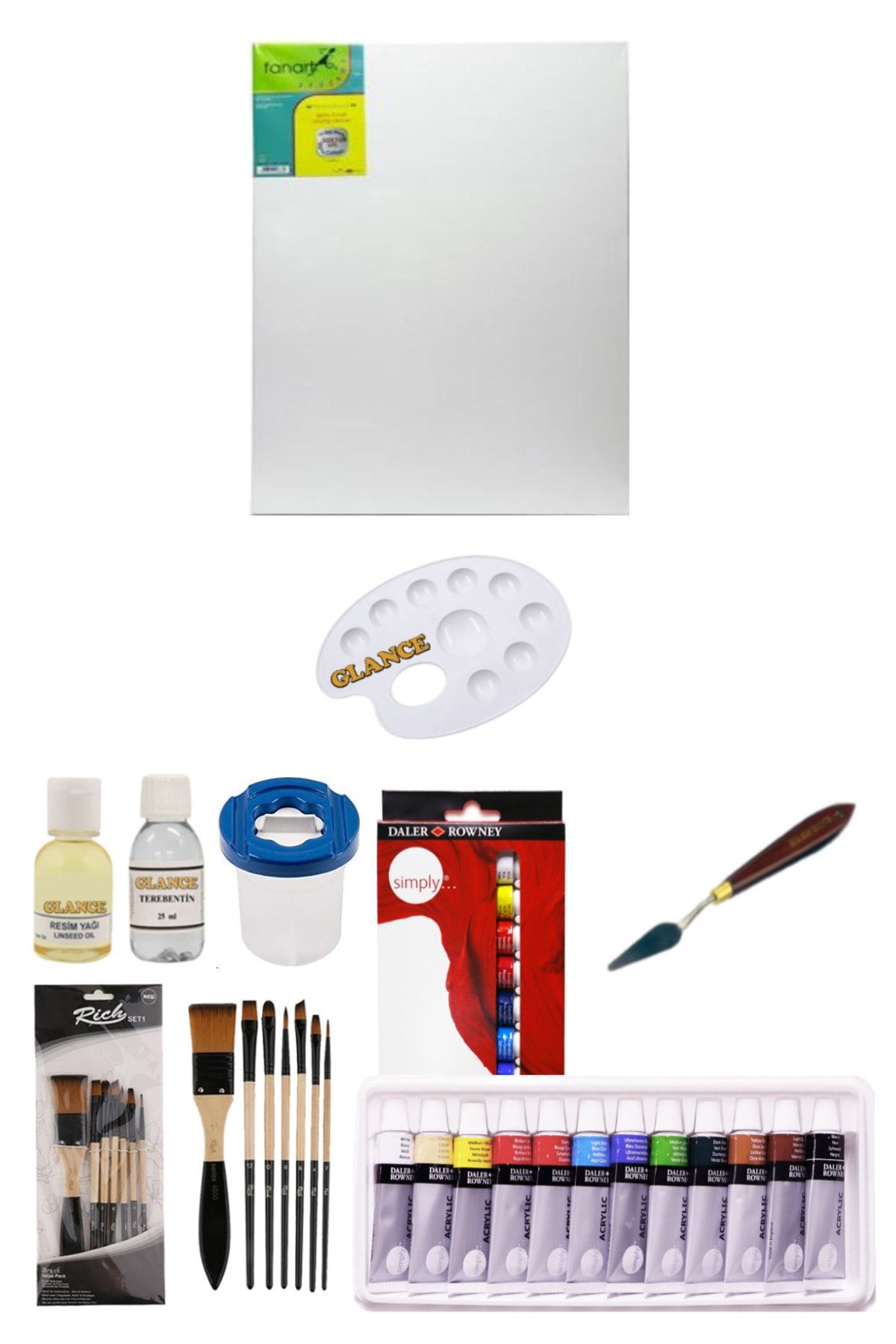 GLANCE Daler Rowney Simply Yağlı Boya 12 Renk X 12 Ml 50x70 Tuval Set