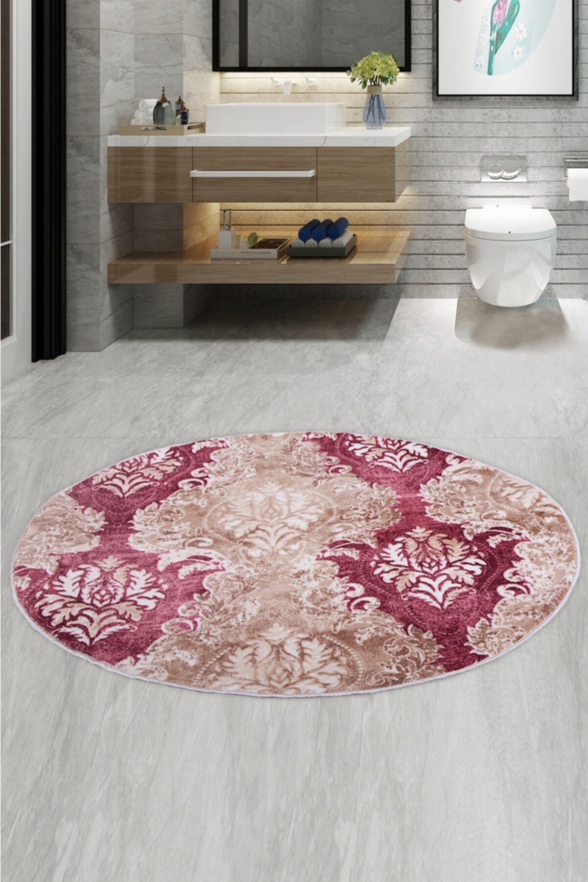 Bonny Home Şark Mürdüm Yuvarlak 100x100 Cm Banyo Paspası Kaymaz Taban Yıkanabilir Banyo Halısı