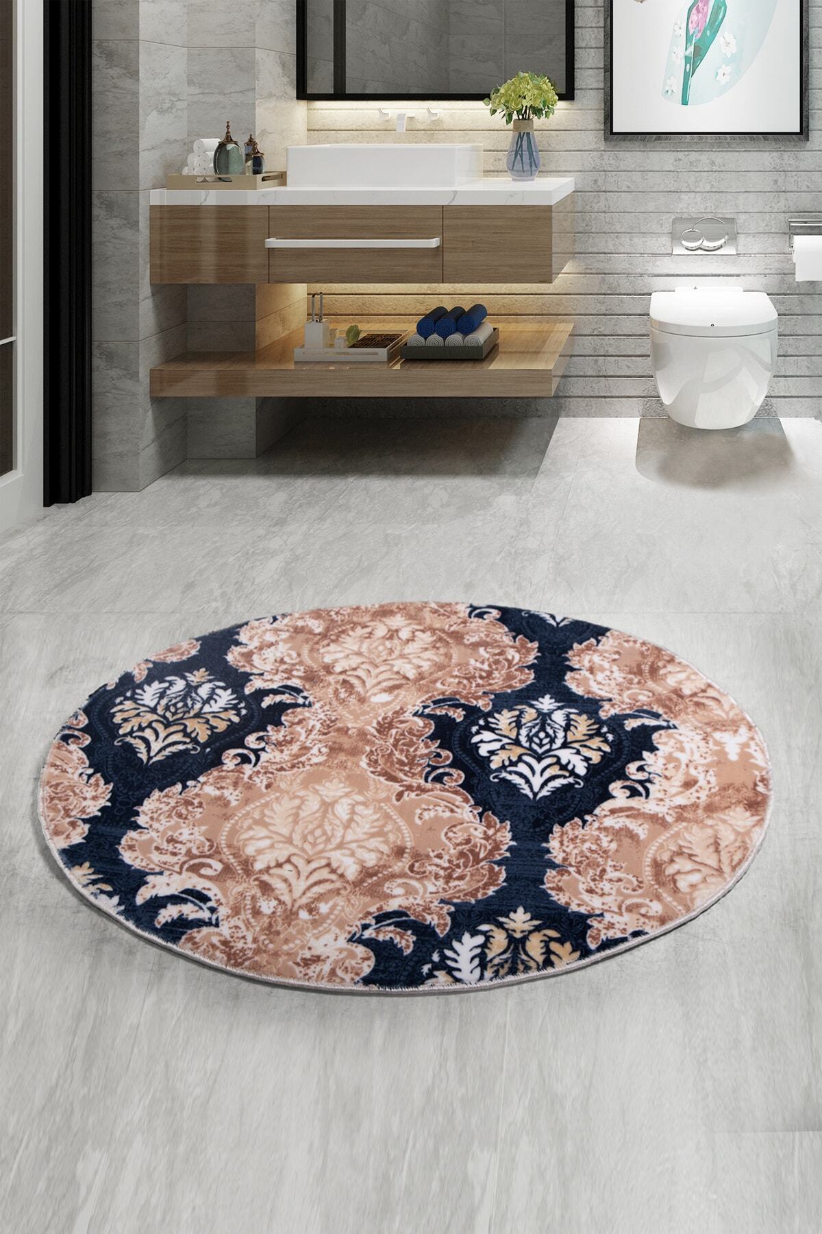 Bonny Home Şark Mavi Yuvarlak 100x100 Cm Banyo Paspası Kaymaz Taban Yıkanabilir Banyo Halısı