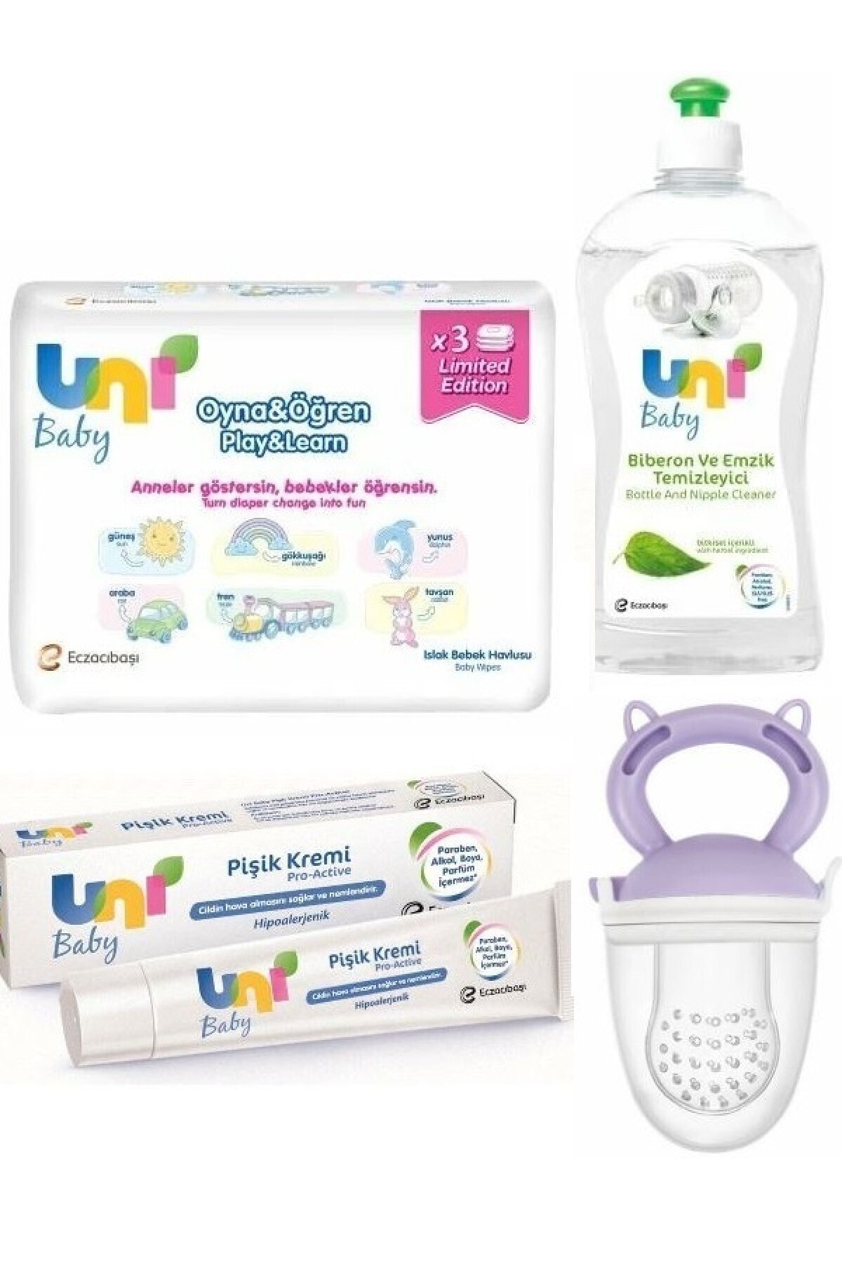 Uni Baby Islak Bebek Havlusu 3 Lü Set+temizleyici 500 Ml+pişik Kremi+meyve Süzgeci Mor