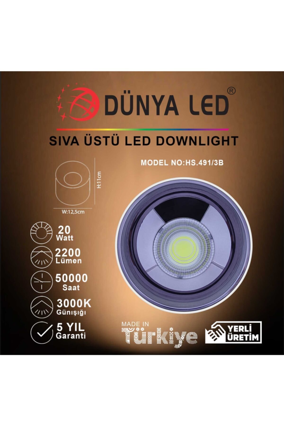 DÜNYA LED Hs.491/3-b 20w Sıva Üstü Led Downlıght Siyah Iç 3000k Günışığı