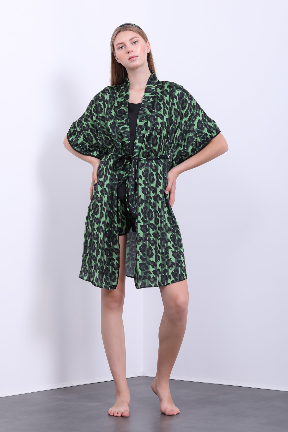 BESİMMA Kadın Yeşil Leopar 5'li Kimono Takım