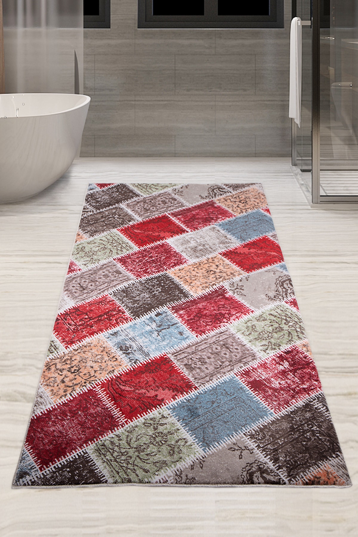 Bonny Home Lotto Bordo 120x180 Cm Tek Parça Banyo Paspası Kaymaz Taban Büyük Ebat Banyo Halısı
