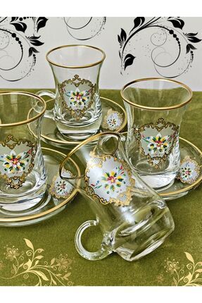 Altın Gümüş Baskılı Gül Desen Model Cam Kulplu 6 Kişilik Çay Seti Glass Handle Cup Image 0