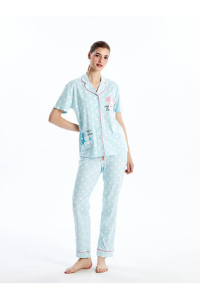 LCW DREAM Gömlek Yaka Mickey Mouse Baskılı Kısa Kollu Kadın Pijama Takımı Image 0