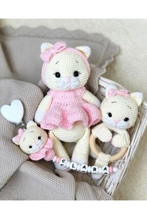 Amigurumi kedicik crey set (emzik zinciri ahşap boncuklardan hazırlanacaktır isim iletebilirsiniz) Image 0
