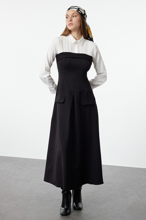 Siyah Gömlek Yaka Detaylı Dokuma Elbise TCTAW25EB00076 Image 0