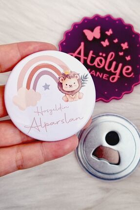 25 Adet Isme Özel Aslan Ve Gökkuşağı Model Buton Bebek Magnet Açacak,bebek Hediyeliği (58MM) Image 0