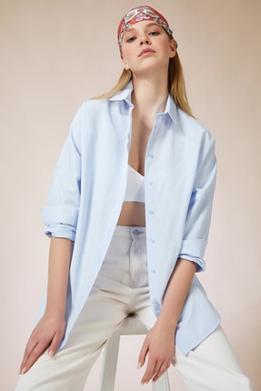 Happiness İst. Kadın G&ouml;k Mavi Oversize Uzun Basic G&ouml;mlek DD00842