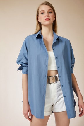 Happiness İst. Kadın İndigo Mavi Oversize Uzun Basic G&ouml;mlek DD00842