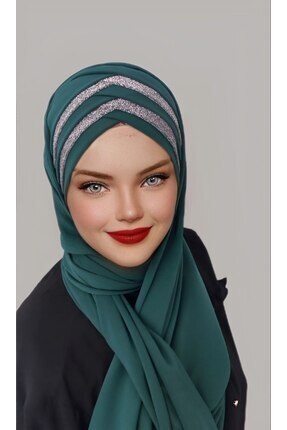 Kadın Yeşil Simli Bant Detaylı Hazır Tesettür Türban  Şal Eşarp Image 0