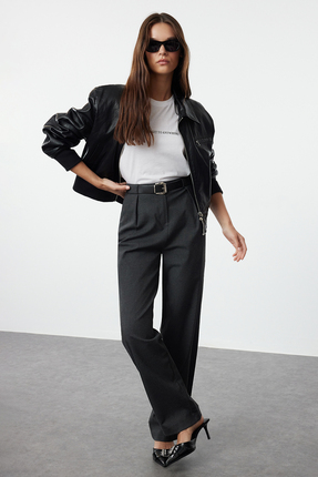 Antrasit Kemerli Straigt/Düz Kesim Dokuma Kumaş Pantolon TWOAW25PL00046 Image 1