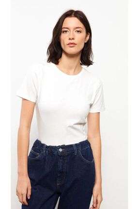 Basic Bisiklet Yaka Düz Kısa Kollu Kadın Tişört Image 0