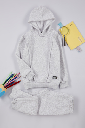 Gri Melanj Pamuklu Düz Kapüşonlu Örme Erkek Çocuk Sweatshirt ve Eşofman Alt-Üst Takım TKDAW25AU00058 Image 1