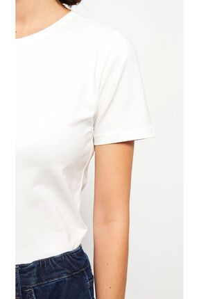 Basic Bisiklet Yaka Düz Kısa Kollu Kadın Tişört Image 3