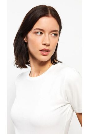 Basic Bisiklet Yaka Düz Kısa Kollu Kadın Tişört Image 2