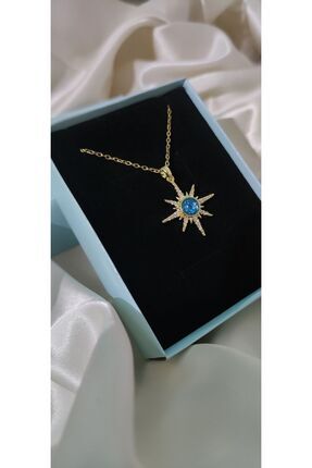 Gold Mavi Opal Taşlı Kutup Yıldızı Çelik Kolye Image 0
