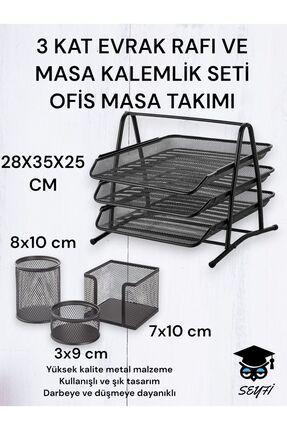 3 KAT METAL EVRAK RAFI VE 3 LÜ MASA KALEMLİK SETİ OFİS TAKIMI METAL PERFORE SİYAH Image 0