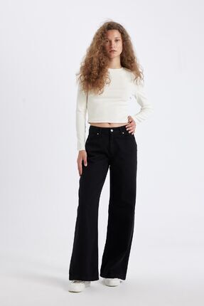 Wide Leg Kışlık Gabardin Siyah Pantolon Geniş Bol Paça Normal Bel Basic Düz D3766ax24au Image 0