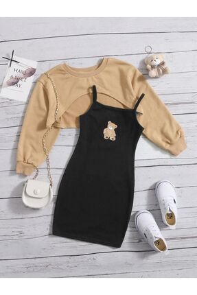 Çocuk Ayıcık Baskı Elbise & Crop Sweat Kombin Image 0