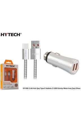 Hy-x66 3.4a Hızlı Şarj Type-c Kablolu 2 Usb Gümüş Metal Araç Şarj Cihazı Image 0