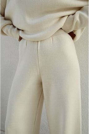 Kadın Krem Bisiklet Yaka Beli Lastikli Geniş Paça Relax Triko Takım Image 3