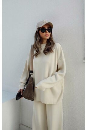 Kadın Krem Bisiklet Yaka Beli Lastikli Geniş Paça Relax Triko Takım Image 5